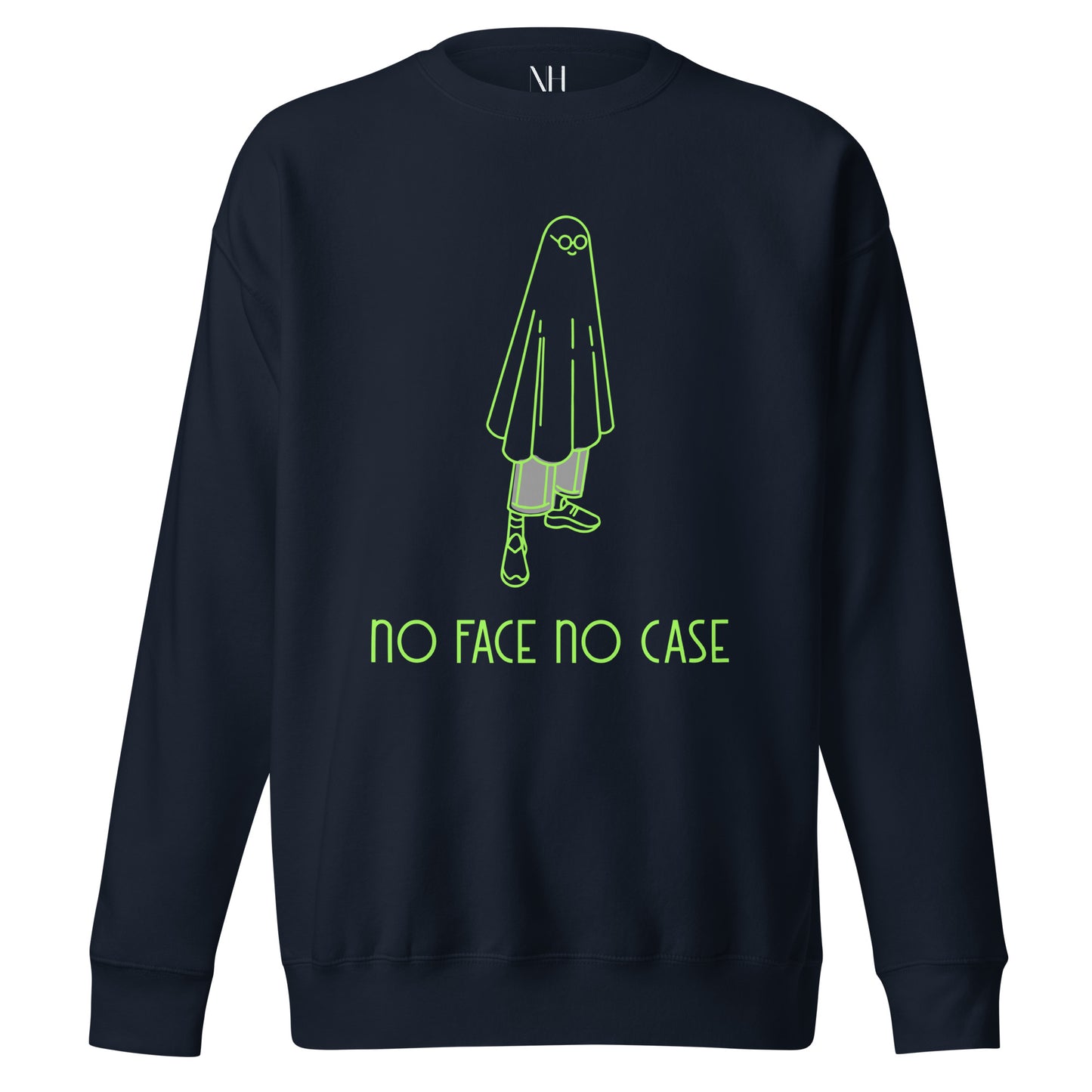 Front view of our ‘No Huddle Just Go’ Premium Unisex Sweatshirt in navy blue, featuring lime green ‘No Face No Case’ graphic on the front.” Add this signature sweatshirt to your collection! Customers love our Premium Unisex Sweatshirts because they have all the essentials; 100% cotton face, soft interior, comfortable Unisex fit and are medium thickness. This sweatshirt is available now in various colors & sizes S-3XL.