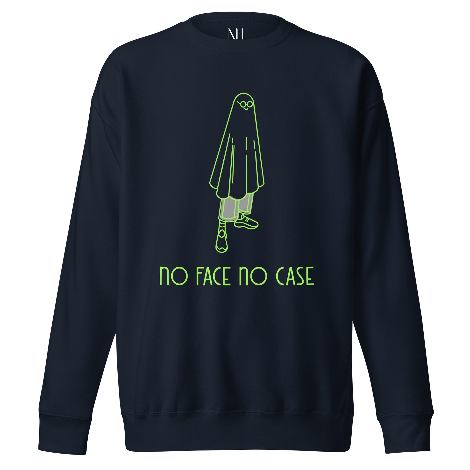 Front view of our ‘No Huddle Just Go’ Premium Unisex Sweatshirt in navy blue, featuring lime green ‘No Face No Case’ graphic on the front.” Add this signature sweatshirt to your collection! Customers love our Premium Unisex Sweatshirts because they have all the essentials; 100% cotton face, soft interior, comfortable Unisex fit and are medium thickness. This sweatshirt is available now in various colors & sizes S-3XL.