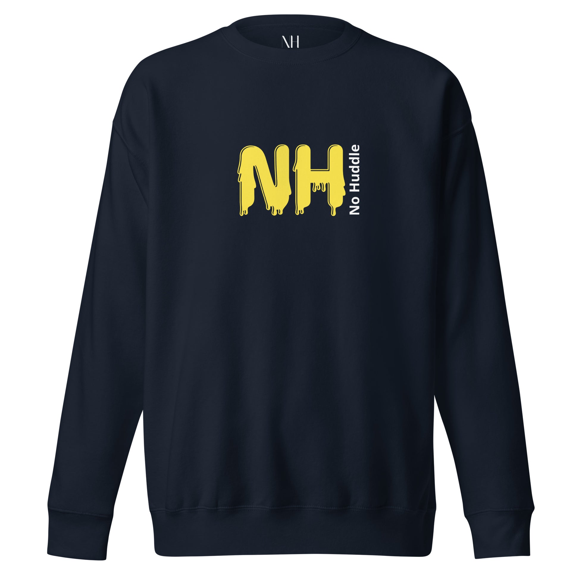 Front view of our ‘No Huddle Just Go’ Premium Unisex Sweatshirt in navy blue, featuring ‘No Huddle’ logo on front and “I See the Field” graphic in white and yellow on the back.   Add this signature sweatshirt to your collection! Customers love our Premium Unisex Sweatshirts because they have all the essentials; 100% cotton face, soft interior, comfortable Unisex fit and are medium thickness. This sweatshirt is available now in various colors & sizes S-3XL.