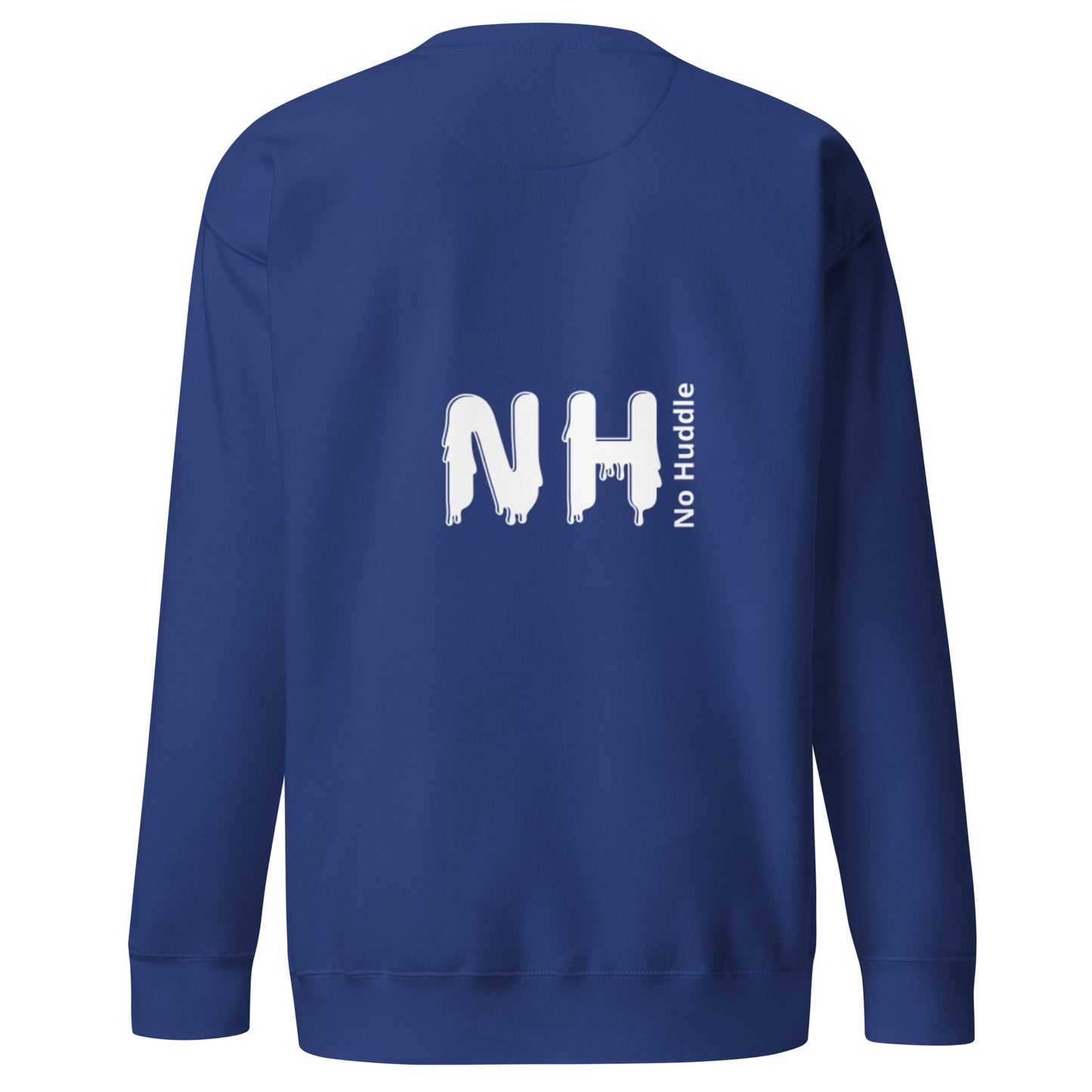 Back  view of our ‘No Huddle Just Go’ Premium Unisex Sweatshirt in royal blue, featuring “I’ll Make You Famous” in white text with red and white Fooley graphic on the front.  ‘No Huddle’ logo on back.  Add this signature sweatshirt to your collection! Customers love our Premium Unisex Sweatshirts because they have all the essentials; 100% cotton face, soft interior, comfortable Unisex fit and are medium thickness. This sweatshirt is available now in various colors & sizes S-3XL.