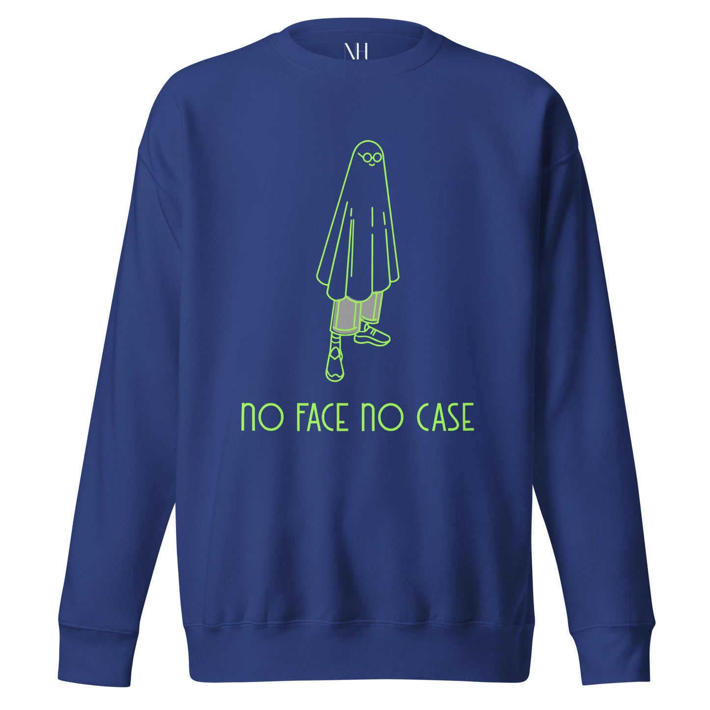 Front view of our ‘No Huddle Just Go’ Premium Unisex Sweatshirt in royal blue, featuring lime green ‘No Face No Case’ graphic on the front.” Add this signature sweatshirt to your collection! Customers love our Premium Unisex Sweatshirts because they have all the essentials; 100% cotton face, soft interior, comfortable Unisex fit and are medium thickness. This sweatshirt is available now in various colors & sizes S-3XL.