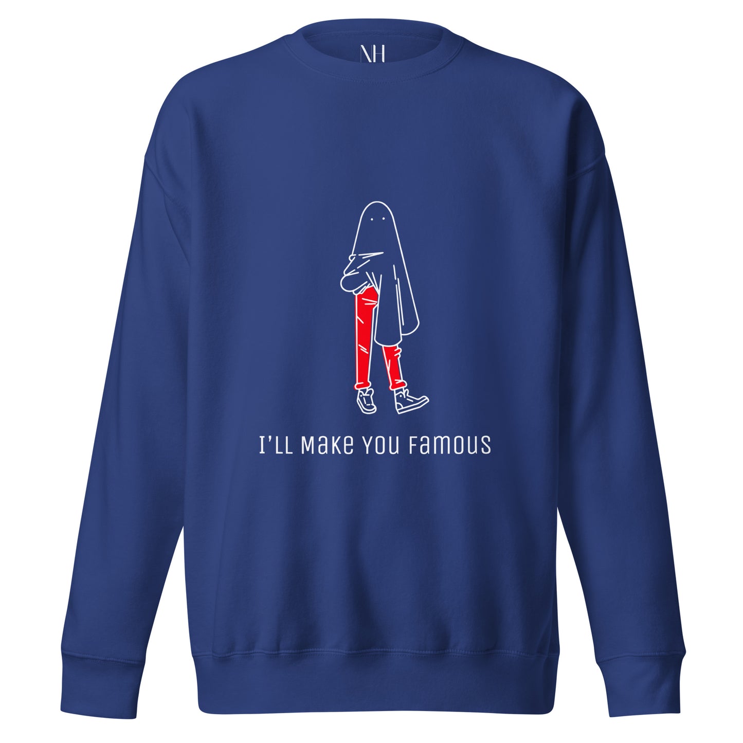 Front view of our ‘No Huddle Just Go’ Premium Unisex Sweatshirt in royal blue, featuring “I’ll Make You Famous” in white text with red and white Fooley graphic on the front.  ‘No Huddle’ logo on back.  Add this signature sweatshirt to your collection! Customers love our Premium Unisex Sweatshirts because they have all the essentials; 100% cotton face, soft interior, comfortable Unisex fit and are medium thickness. This sweatshirt is available now in various colors & sizes S-3XL.
