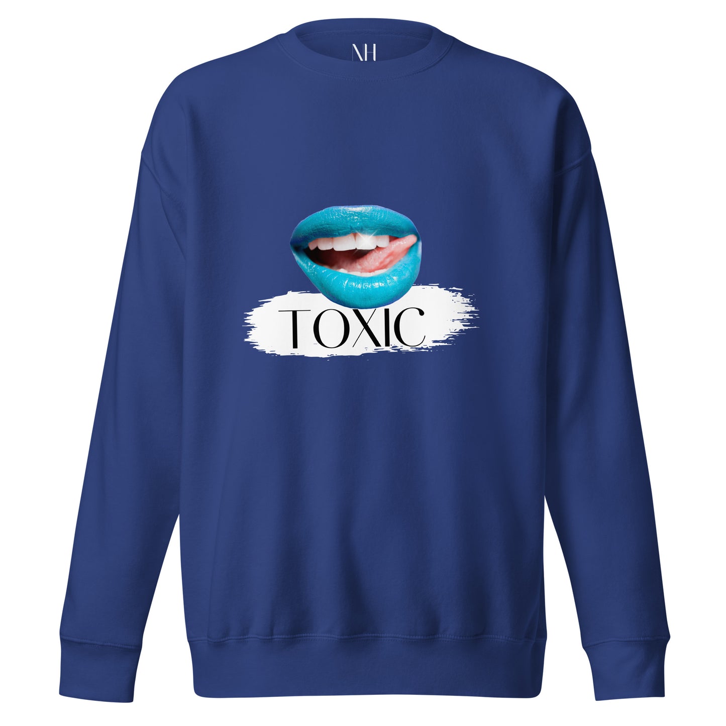 Front view of our ‘No Huddle Just Go’ Premium Unisex Sweatshirt in royal blue, featuring “Toxic” graphic design on the front with  blue lips. Add this signature sweatshirt to your collection! Customers love our Premium Unisex Sweatshirts because they have all the essentials; 100% cotton face, soft interior, comfortable Unisex fit and are medium thickness. This sweatshirt is available now in various colors & sizes S-3XL.
