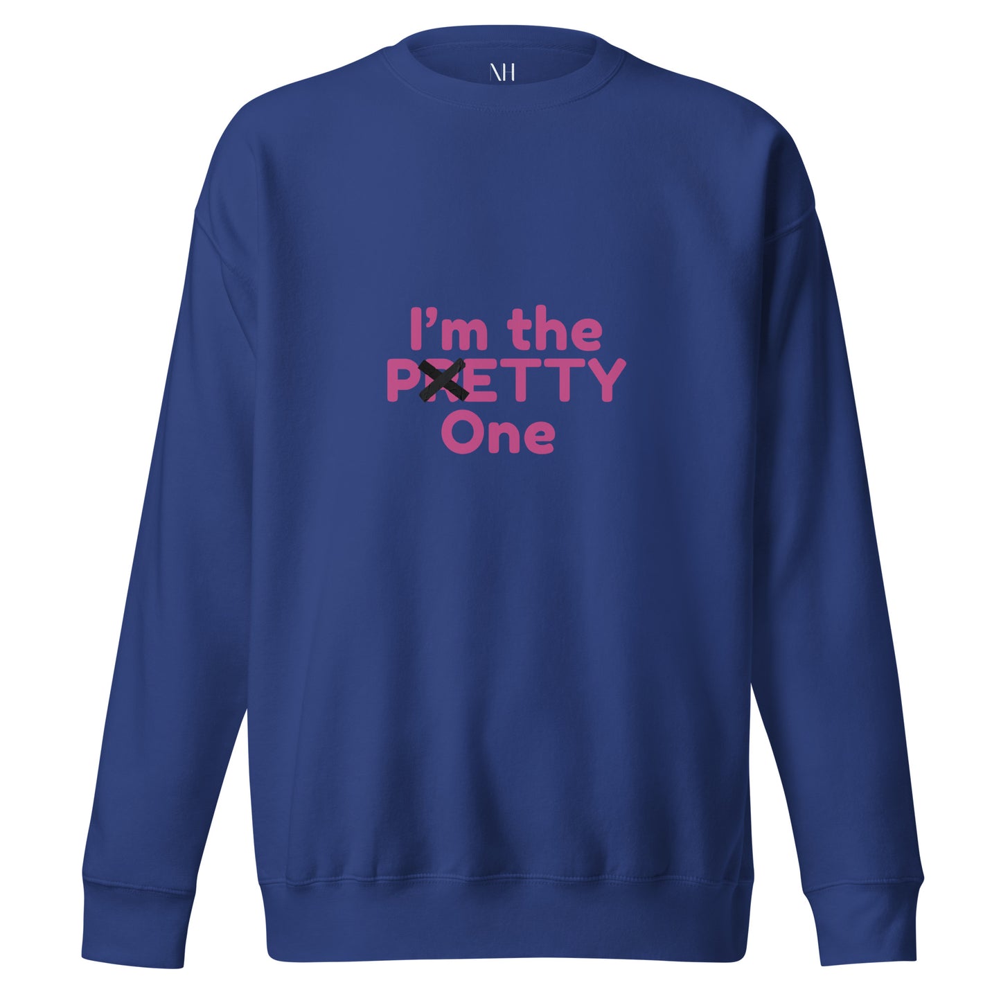 Front view of our ‘No Huddle Just Go’ Premium Unisex Sweatshirt in royal blue, featuring “I’m The Petty One” on the front in pink text. Add this signature sweatshirt to your collection! Customers love our Premium Unisex Sweatshirts because they have all the essentials; 100% cotton face, soft interior, comfortable Unisex fit and are medium thickness. This sweatshirt is available now in various colors & sizes S-3XL.