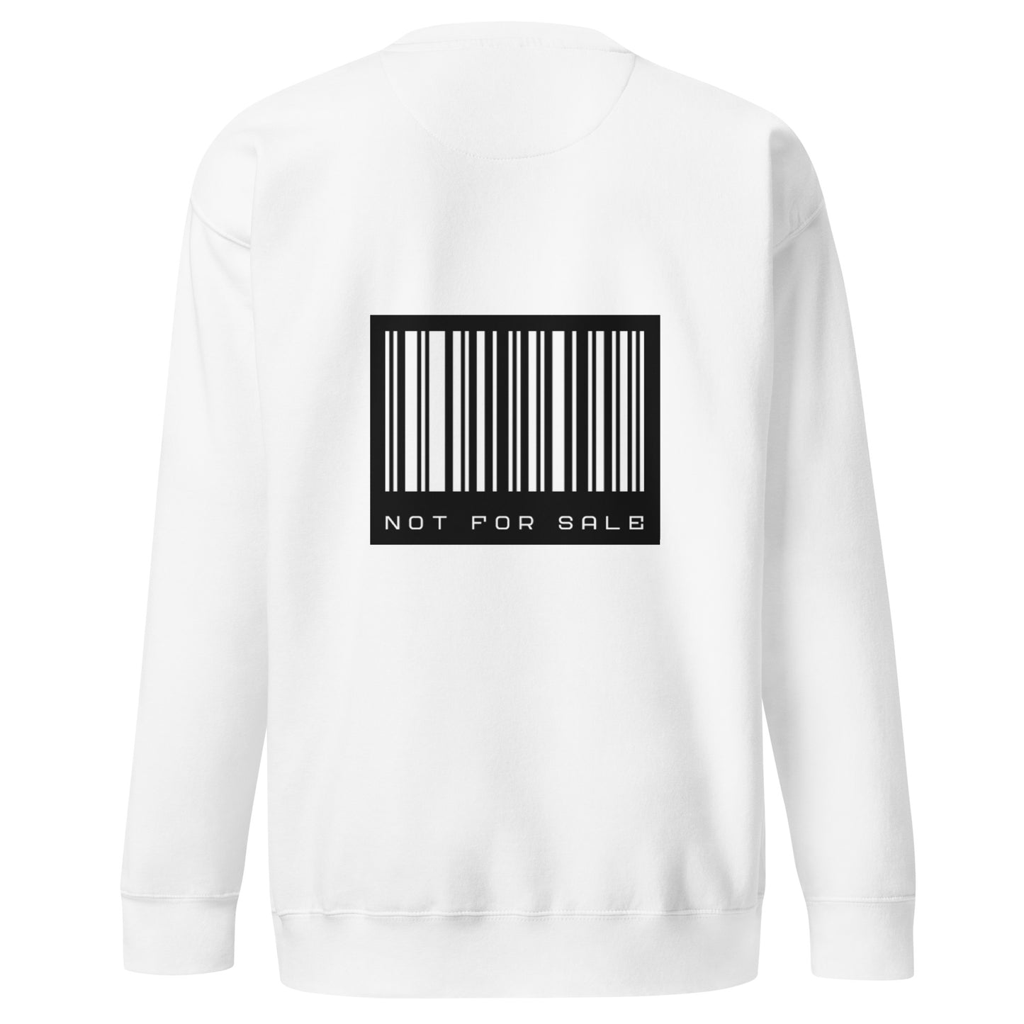 Back view of our ‘No Huddle Just Go’ Premium Unisex Sweatshirt in white, featuring ‘SOSA’ logo on front and “Not for Sale” barcode in white and black on the back.   Add this signature sweatshirt to your collection! Customers love our Premium Unisex Sweatshirts because they have all the essentials; 100% cotton face, soft interior, comfortable Unisex fit and are medium thickness. This sweatshirt is available now in various colors & sizes S-3XL.