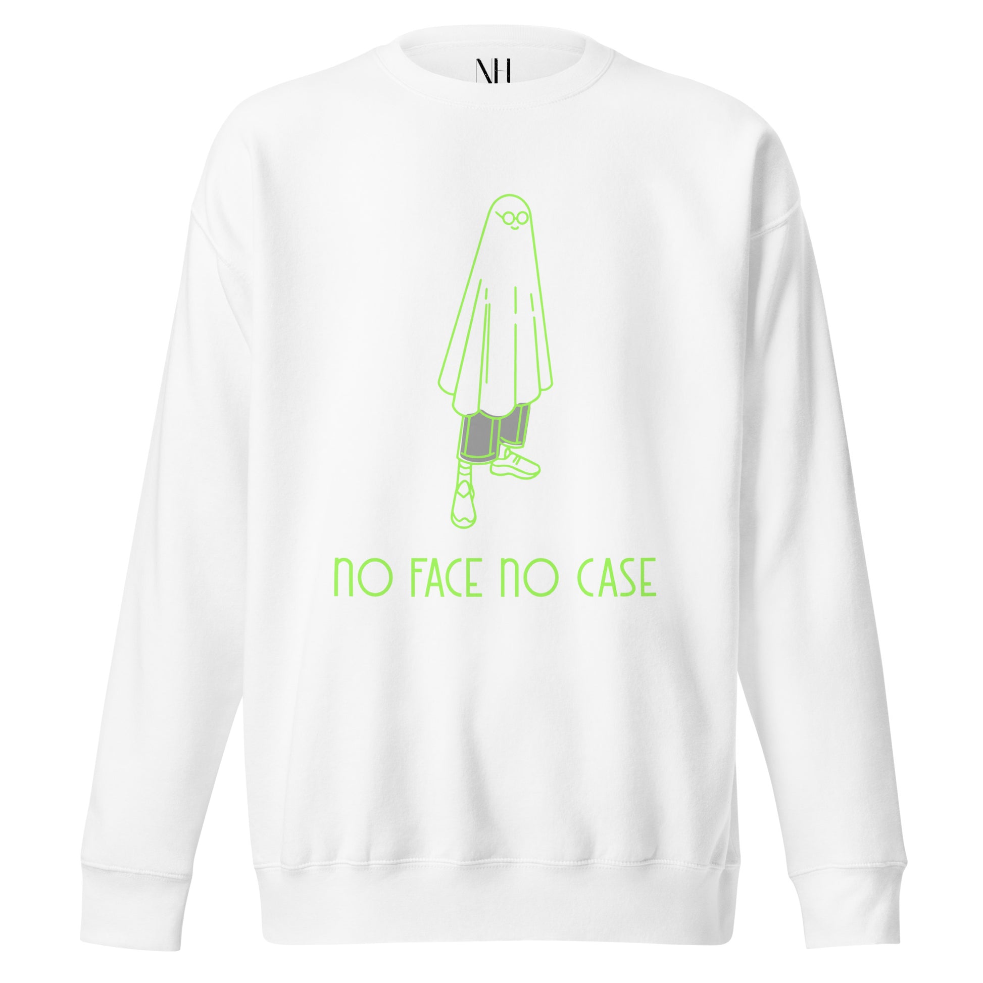 Front view of our ‘No Huddle Just Go’ Premium Unisex Sweatshirt in white, featuring lime green ‘No Face No Case’ graphic on the front.” Add this signature sweatshirt to your collection! Customers love our Premium Unisex Sweatshirts because they have all the essentials; 100% cotton face, soft interior, comfortable Unisex fit and are medium thickness. This sweatshirt is available now in various colors & sizes S-3XL.