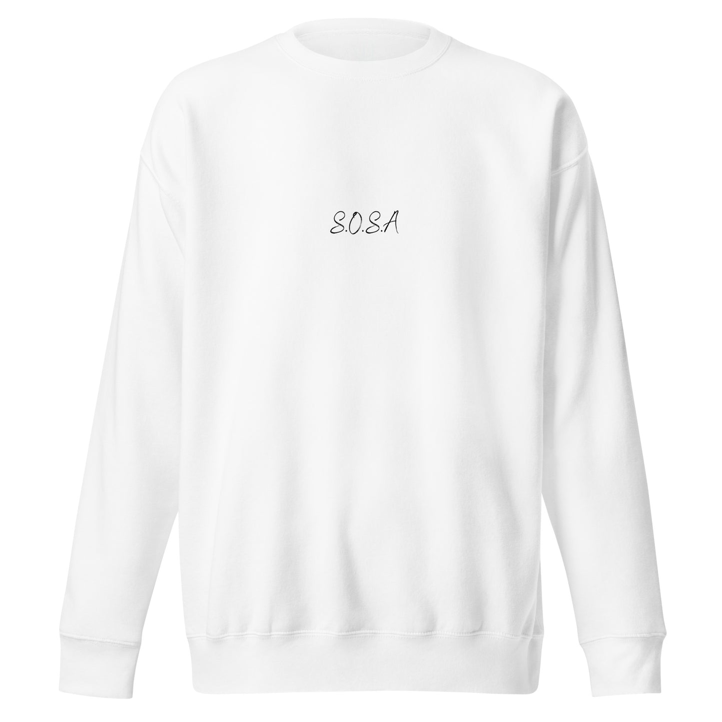 Front view of our ‘No Huddle Just Go’ Premium Unisex Sweatshirt in white, featuring ‘SOSA’ logo on front and “Not for Sale” barcode in white and black on the back.   Add this signature sweatshirt to your collection! Customers love our Premium Unisex Sweatshirts because they have all the essentials; 100% cotton face, soft interior, comfortable Unisex fit and are medium thickness. This sweatshirt is available now in various colors & sizes S-3XL.