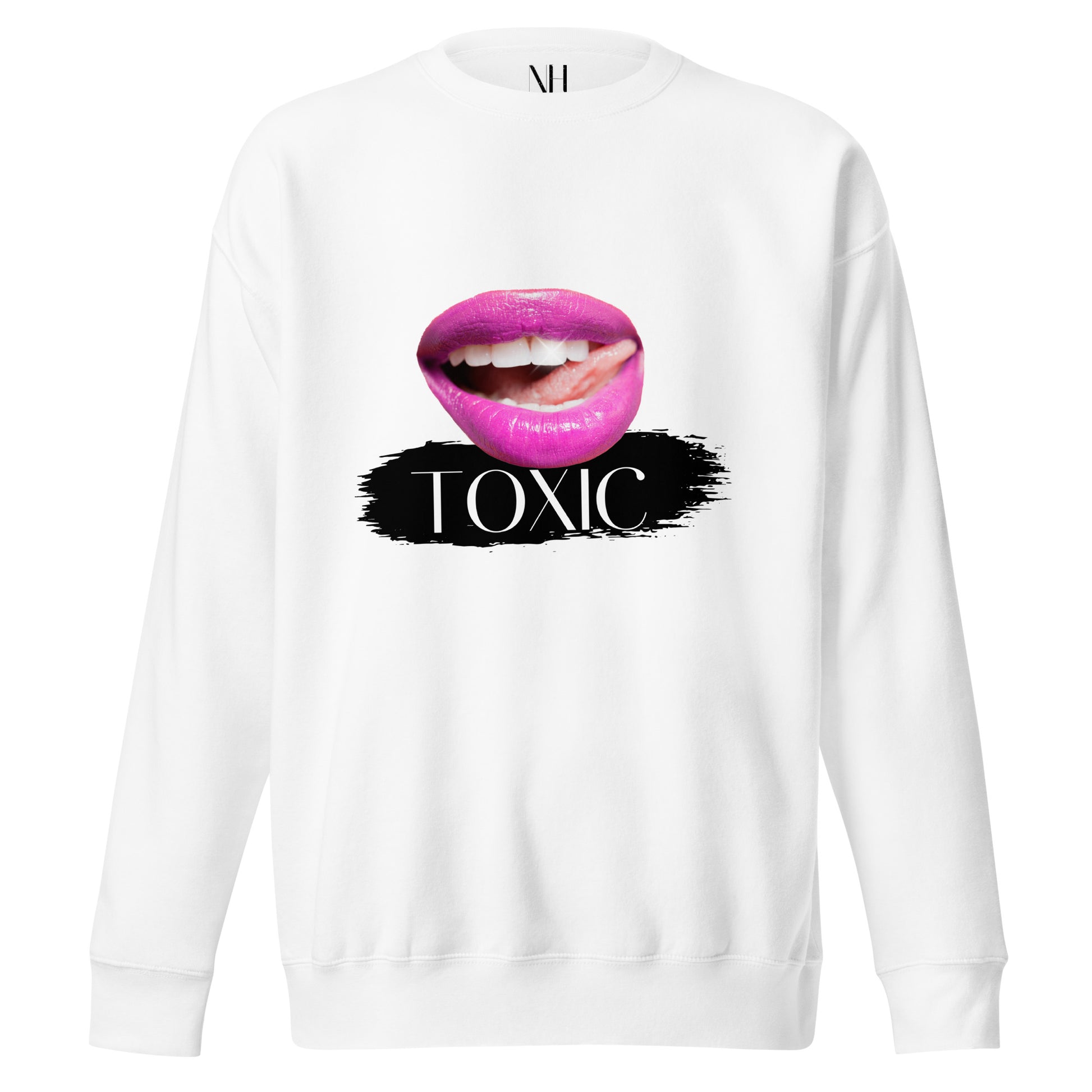 Front view of our ‘No Huddle Just Go’ Premium Unisex Sweatshirt in white, featuring “Toxic” graphic design on the front with  pink lips. Add this signature sweatshirt to your collection! Customers love our Premium Unisex Sweatshirts because they have all the essentials; 100% cotton face, soft interior, comfortable Unisex fit and are medium thickness. This sweatshirt is available now in various colors & sizes S-3XL.
