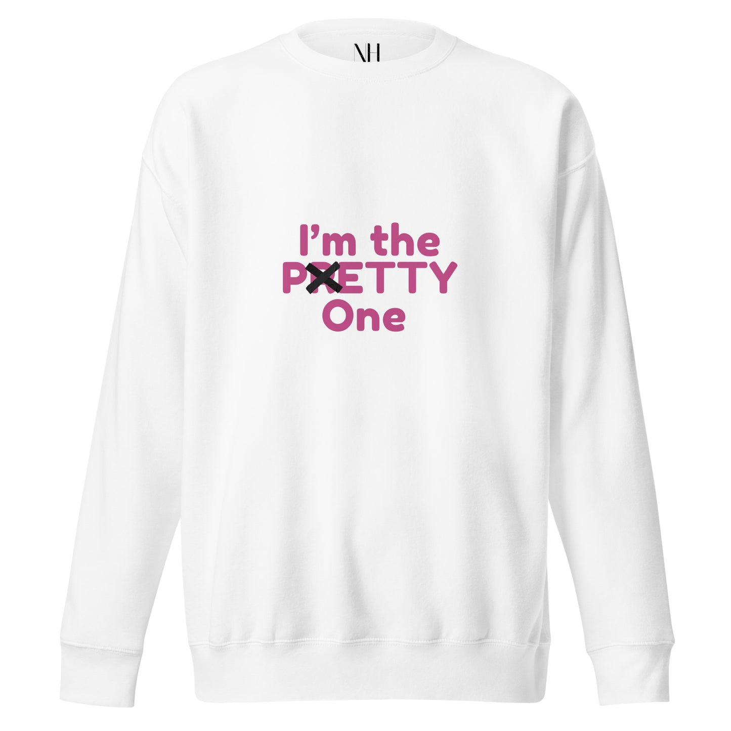 Front view of our ‘No Huddle Just Go’ Premium Unisex Sweatshirt in white, featuring “I’m The Petty One” on the front in pink text. Add this signature sweatshirt to your collection! Customers love our Premium Unisex Sweatshirts because they have all the essentials; 100% cotton face, soft interior, comfortable Unisex fit and are medium thickness. This sweatshirt is available now in various colors & sizes S-3XL.