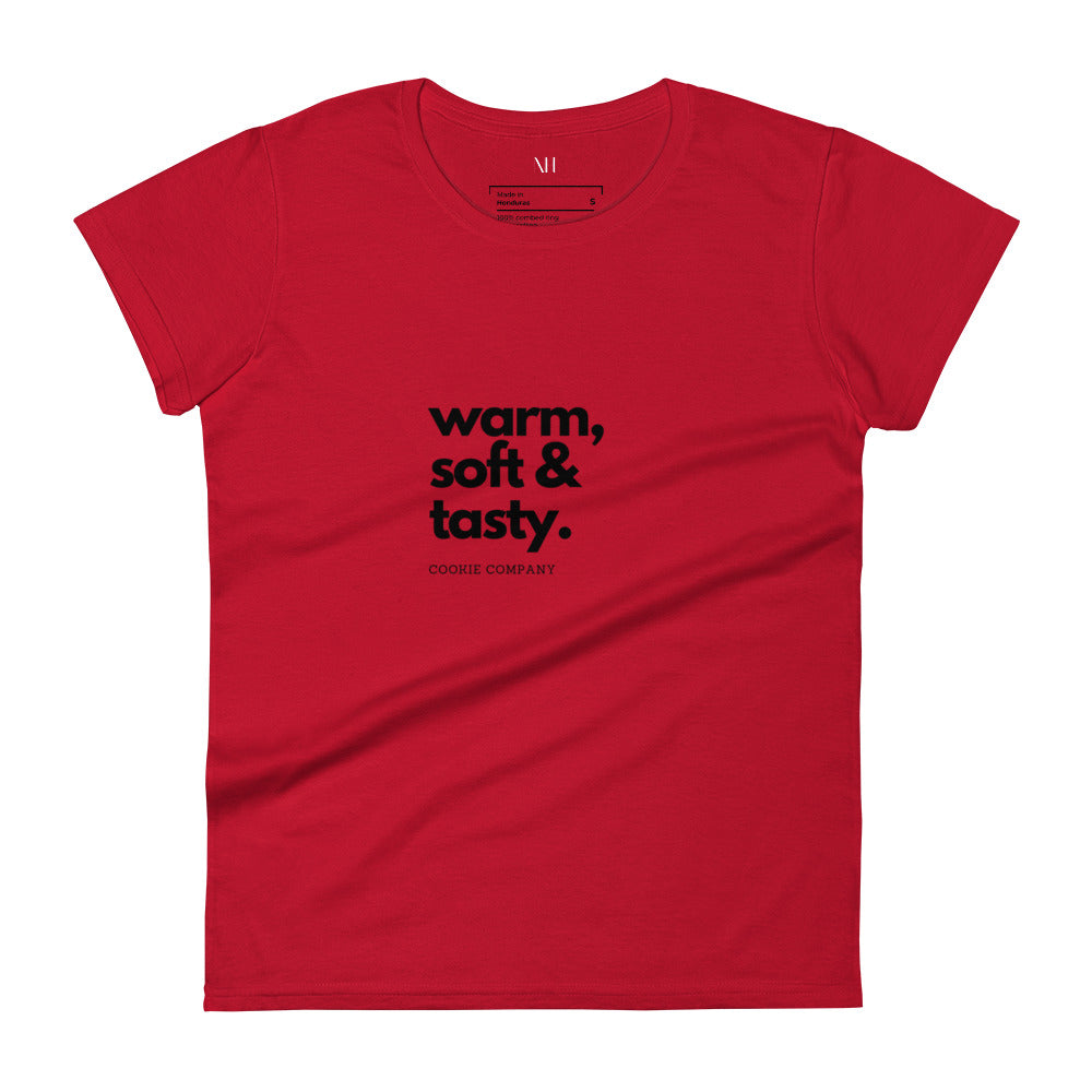 Front view of our ‘No Huddle Just Go’ women’s short sleeve T-shirt in red, featuring “Warm Soft and Tasty” on the front in black text. Add this signature t-shirt to your collection! Customers love our women short sleeve t-shirts because they have all the essentials; 100% cotton face, soft interior, comfortable  fitted and are medium thickness. This T-shirt is available now in various colors & sizes S-3XL.